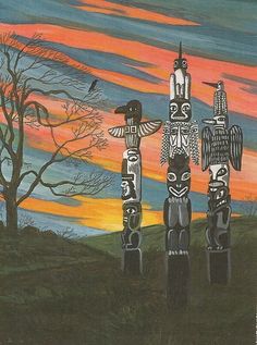 three totemas standing in front of a sunset