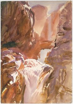 watercolor painting of mountains and rocks with sunlight coming through the canyon's windows