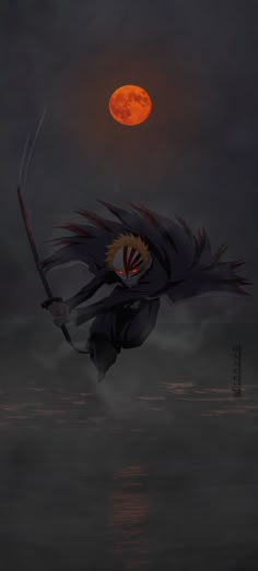 an anime character flying through the air in front of a full moon and dark clouds