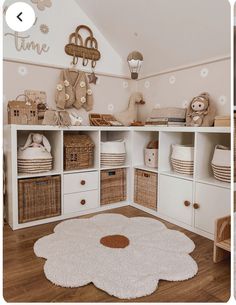 there are two pictures of a child's room with white furniture and baskets on the shelves