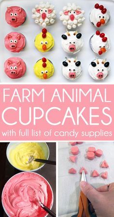 farm animal cupcakes with frosting and candy