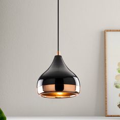 a black and gold pendant light hanging from a ceiling in a room with white walls