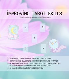 the instructions for how to improve tarot skills on a pink flower with green leaves