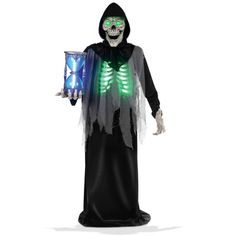 a man in a skeleton costume holding a lantern