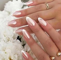 Amazon.com: YOSOMK French Tip Press on Nails Almond Medium Fake Nails with Chrome Designs Glossy Nude False Nails Mirror Glue on Acrylic Nails for Women : Beauty & Personal Care #bridal #nails Ongles Rose Pastel, Light Colored Nails, Colored Nail Tips, Nail Salon Design, Transparent Nails, Get Nails, Elegant Nails, Nail Arts