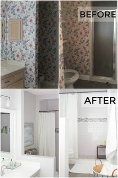 before and after photos of a bathroom remodel with floral wallpaper on the walls