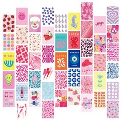 a collage of pink, blue and yellow designs on different sheets of paper with words