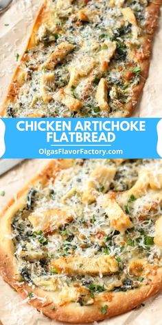 chicken artichoke flatbread with cheese and spinach