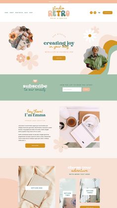 Retro website design template for Squarespace with groovy flowers and seventies colors. Square Website Design, About Me Website Design, 70s Branding, Retro Website Design, Retro Website, Space Template, Boho Website, Podcast Website, Square Space