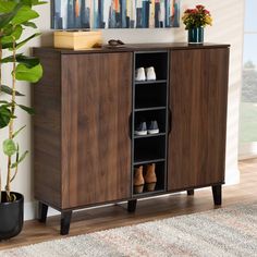 a wooden cabinet with shoes on it next to a potted plant and wall art