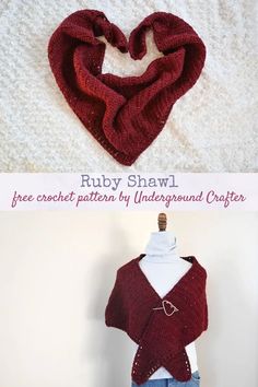 two pictures showing how to crochet a heart shawl