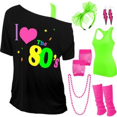 the 80s's t - shirt is neon green and has pink accessories on it