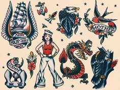 an old school tattoo flash sheet with various tattoos on it's back and sides