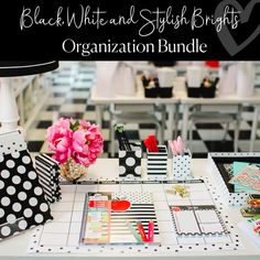 a table with black and white polka dots on it, surrounded by other desks