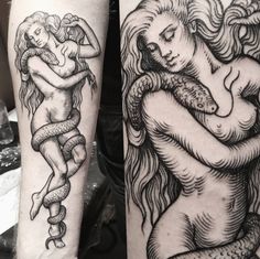 two tattoos on the arms of people with mermaids and octopuses in their arms