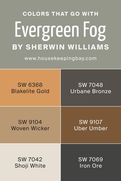 Colors That Go With Evergreen Fog SW 9130 by Sherwin Williams Sw Evergreen Fog, Bronze Color Palette, Evergreen Fog, Urbane Bronze, Shoji White, Light Sea Green, Salt And Light, Iron Ore, Color Sorting