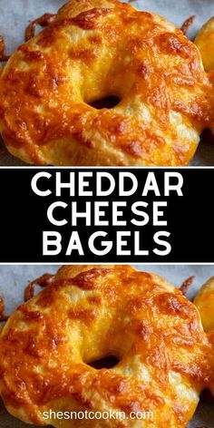 cheddar cheese bagels on a baking sheet with the words cheddar cheese bags