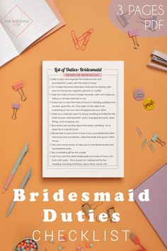 the bridesmaid duties checklist is displayed on an orange background with lots of office supplies