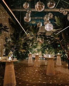 the inside of a building with plants and lights hanging from it's ceilings