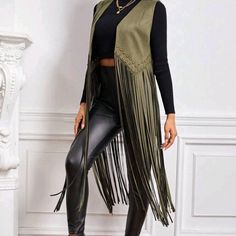 Army Green Fringe Hem Open Front Vest Coat 90% Polyester 10% Elastane Fringe Vest Outfit, Fringed Vest Outfit, Women Leather Vest, Suede Fringe Vest, Red Puffer Vest, Open Front Vest, Vest Outfit, Fringe Fashion, Fringe Vest