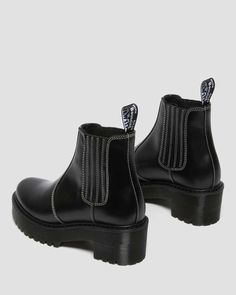 What makes a DM's boot, a DM's boot? Here we've put the spotlight on the details of our iconic Original designs. Built on a stacked heeled sole from durable Atlas leather, these platform Chelsea boots are enhanced with amped-up stitching and a leather-paneled gusset. Monochrome down to the last welt stitch, they're finished with our signature AirWair heel loop. Pull-on style, with elastic gussets Atlas is a classic waxed aniline leather with a subtle pull-up and slight sheen Platform height: 1 1 High-top Platform Boots With Reinforced Heel For Work, Western Leather Ankle Platform Boots, Western Style Leather Ankle Platform Boots, High-top Platform Boots For Work, High-top Calf Leather Platform Boots With Reinforced Heel, Workwear Ankle Boot Platform Boots With Reinforced Heel, Platform Ankle Boots For Work, High Heel Boots With Rubber Sole For Work, Calf Leather Ankle Platform Boots With Vibram Sole