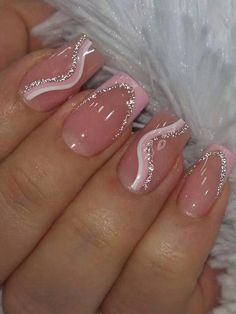 Pink  Collar  ABS Striped Color Nails Embellished   Nail,Hand & Foot Care Silver Stripe Nails, Pink Nail Patterns, Sparkly Festive Nails, Pink And White Nails Glitter, Pink Detail Nails, Light Pink And Glitter Nails, Nails For Birthday Short, Baby Pink And Silver Nails, White And Pink Acrylics