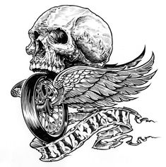 a drawing of a skull with wings and a wheel on it's back side