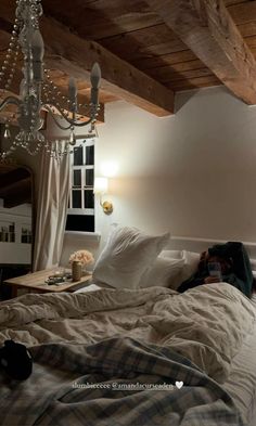 a bedroom with a chandelier hanging from the ceiling and a bed in it