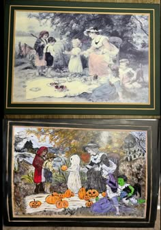 two framed paintings of people in halloween costumes