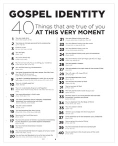 a poster with the words, gospel identity 40 things that are true of you at this very moment