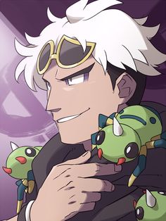 an anime character with white hair and glasses holding two green pokemon toys in his hands