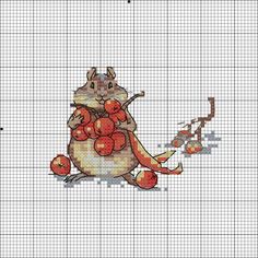 a cross stitch pattern with an image of a cat holding cherries on it's back