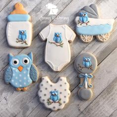 baby shower cookies decorated with blue and white icing