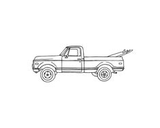 a black and white drawing of a pickup truck with an arrow on the back end