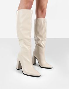 Posie Stone Pu Knee High Boots | Public Desire Style Knee High Boots, Knee High Boots Uk, Public Desire Shoes, Everyday Boots, Trendy Boots, Public Desire, Real Quick, Block Heel Boots, Boot Brands