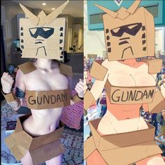 two cardboard costumes made to look like people with faces and hands on their chests