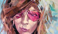 a painting of a woman with glasses and long blonde hair, wearing pink eyeglasses