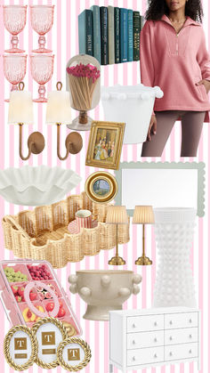 a collage of pink and white items including vases, lamp, bookshelf