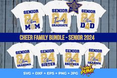 the cheer family bundle for senior and senior year, including two shirts with numbers on them