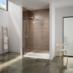 a bathroom with a walk in shower next to a white chair and brown tile floor