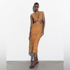 Buckled Metallic Thread Knit Dress Golden Sz M 0195/001 Zara Orange V-neck Midi Dress, Zara Knit Midi Dress, Zara Orange Fitted Midi Dress, Fitted Orange Knit Dress, Fitted Orange Midi Dress By Zara, Zara Knit Dress For Party, Zara Knit Party Dress, Elegant Orange Midi Dress By Zara, Zara Orange Dress For Fall