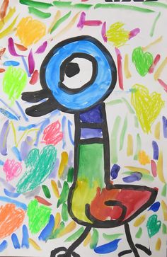 a child's drawing of a bird with colored paint splatters on it