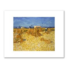 an image of a painting of some people in a wheat field with the sky and buildings in the background