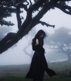 a woman is walking in the fog by some trees