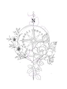 a drawing of a compass with flowers on it