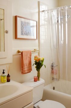 a white toilet sitting next to a bath tub under a bathroom mirror above a sink