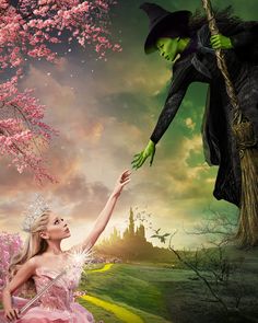 a woman in a pink dress reaching for a wizard's hand on a tree