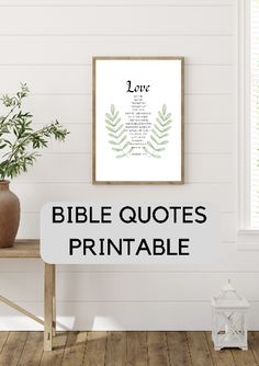 the bible quote printable on a wall above a table with vases and potted plants