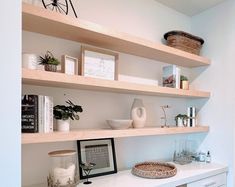 the shelves in this room are filled with plants and other things to put on them