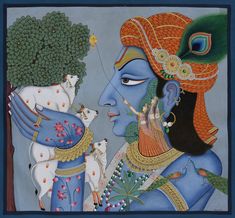 Krishna with Cows - I Indian Traditional Paintings, Indian Miniature, Religious Photos, Kerala Mural Painting